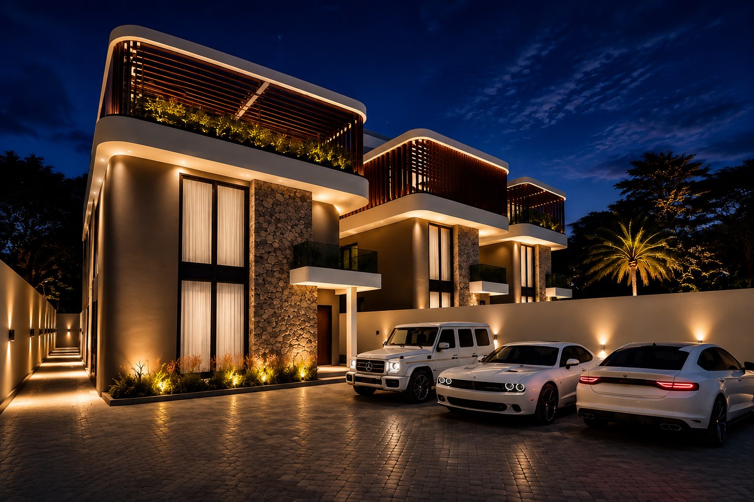 Modern residence exterior at night with driveway